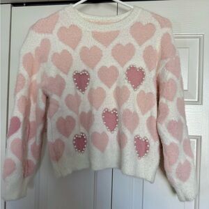 Pearl Embellished Pink and White Heart Fuzzy Cropped Sweater